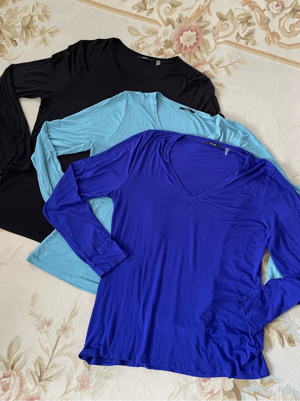 Tahari Long Sleeve V-Neck Tops in Royal purple , Aqua , Black - Set of 3